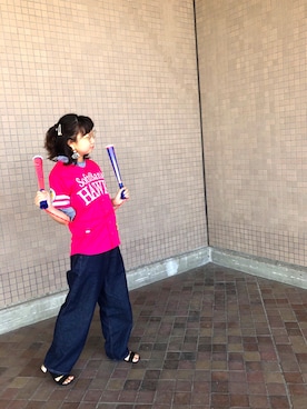 「GLOBAL WORK（グローバルワーク）のコクーンワイドデニム/819864（デニムパンツ）」を使った、kYanaさん（レディース・152cm）の夏コーディネート