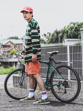 「アイテム（チノパンツ、オレンジ系）」を使った、すけさん（メンズ・171cm）の春コーディネート