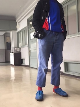 「カットオフ」｜「アイテム（ライダースジャケット）」を使った、おるかさん（メンズ・171cm）の冬コーディネート