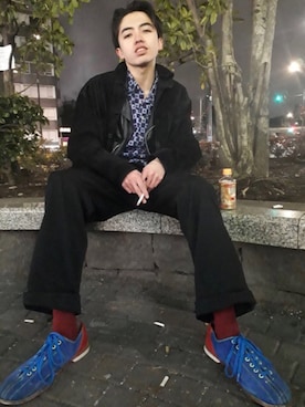 「カットオフ」｜「アイテム（ライダースジャケット）」を使った、おるかさん（メンズ・171cm）の春コーディネート