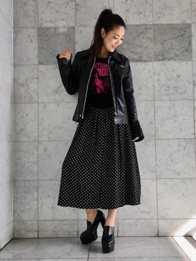 「タックスカート」｜「アイテム（ライダースジャケット）」を使った、Ayakaさん（レディース・161cm）の冬コーディネート