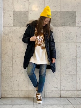 「ニットキャップ」｜「アイテム（ミリタリージャケット）」を使った、Ayakaさん（レディース・161cm）の冬コーディネート