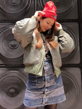 「ニットキャップ」｜「アイテム（MA-1）」を使った、Ayakaさん（レディース・161cm）の秋コーディネート