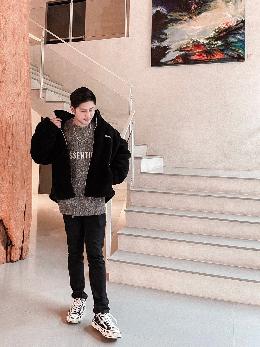「fog、fogEssentials、fear of god、fearofgod、AMBUSH、winter、xvessel」｜「AMBUSHのアイテム（ジャケット/アウター、ブラック系）」を使った、Foxさん（メンズ・173cm）の冬コーディネートの1枚目の写真