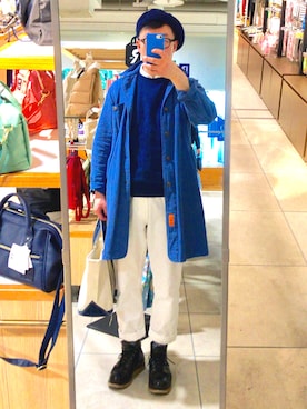 「UNIVERSAL OVERALL（ユニバーサルオーバーオール）のアイテム（ジャケット/アウター、ブルー系）」を使った、Yoshiotaniさん（メンズ・170cm）の春コーディネート
