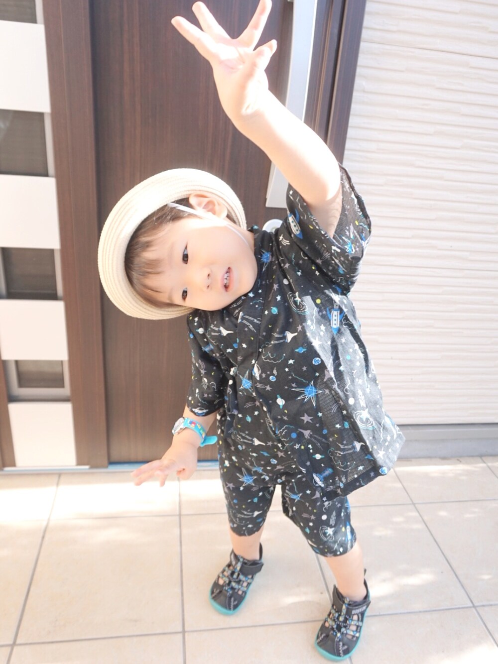 「夏祭り、キッズコーデ、甚平、GROBAL WORK、BREEZE、夏休み」｜「GLOBAL WORKの【キッズ】ジンベイセット/782834（浴衣、ブルー系）」を使った、momonokouhaiさん（キッズ・90cm）の夏コーディネートの1枚目の写真