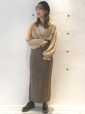 「mystic（ミスティック）のケーブルロングスカート（スカート）」を使った、ikegaya aoiさん（レディース・163cm）の秋コーディネート