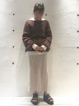 「mystic（ミスティック）のケーブルロングスカート（スカート）」を使った、ikegaya aoiさん（レディース・163cm）の秋コーディネート