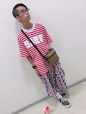 「SANTASTIC!（サンタスティック）の【SANTASTIC!】 ボーダーSARU TEE（Tシャツ/カットソー、その他）」を使った、はたのくんさん（メンズ・160cm）の夏コーディネート