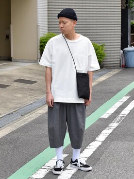 「my beautiful landlet（マイビューティフルランドレット）のアイテム（バッグ）」を使った、Wallace & Murronさん（メンズ・170cm）の夏コーディネート