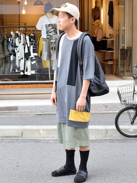 「my beautiful landlet（マイビューティフルランドレット）のアイテム（トップス）」を使った、Wallace & Murronさん（メンズ・170cm）の夏コーディネート