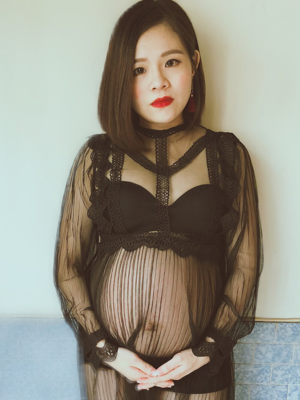 「妊婦」｜「koreaのアイテム（ワンピース、ブラック系）」を使った、Ariel.12さん（レディース・160cm）の春コーディネートの1枚目の写真