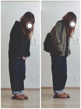 「AS KNOW AS plus（アズノゥアズプラス）のアイテム（MA-1）」を使った、もぐさん（レディース・158cm）の冬コーディネート