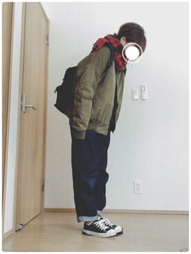 「AS KNOW AS plus（アズノゥアズプラス）のアイテム（MA-1）」を使った、もぐさん（レディース・158cm）の冬コーディネート