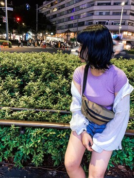 「Bershka（ベルシュカ）のアイテム（トップス、パープル系）」を使った、ニ チ 花さん（レディース・153cm）の夏コーディネート