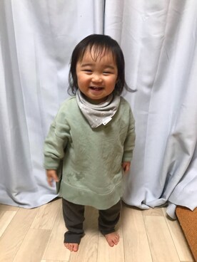 「petit main（プティマイン）のアイテム（スウェット、グリーン系）」を使った、utamamaさん（キッズ）の冬コーディネート