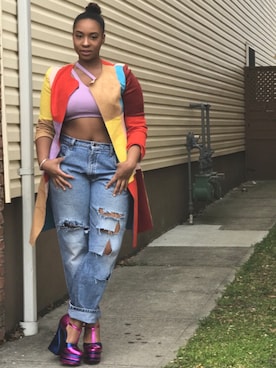 「アイテム（チューブトップ、パープル系）」を使った、JeNilRaeさん（レディース・168cm）の春コーディネート