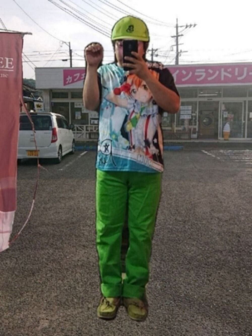 「個性的、原宿系、相互フォロー、プチプラのさとし、Diesel、name.、ラブライブ、キャップ、Tシャツ、萌えにゃんこ」｜「Name.のアイテム（キャップ、グリーン系）」を使った、さとし🐨相互さん（メンズ・159cm）の夏コーディネートの1枚目の写真