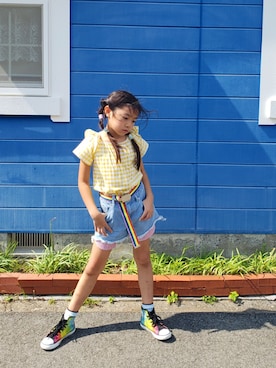 「ZARA（ザラ）のアイテム（トップス、イエロー系）」を使った、aoiさん（キッズ・130cm）の夏コーディネート