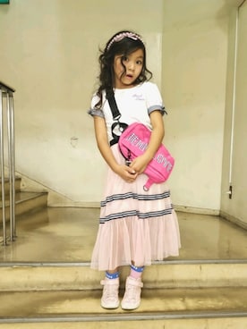 「JENNI love（ジェニィラブ）のストライプリボンTシャツ（Tシャツ/カットソー、ホワイト系）」を使った、aoiさん（キッズ・130cm）の夏コーディネート