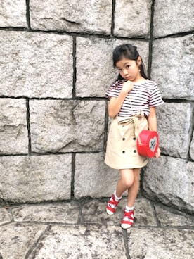 「JENNI love（ジェニィラブ）のレイヤード風ボーダーTシャツ（Tシャツ/カットソー、ピンク系）」を使った、aoiさん（キッズ・130cm）の夏コーディネート
