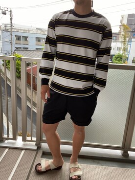 「UNIQLO（ユニクロ）のウォッシュボーダーT（Tシャツ/カットソー、ホワイト系）」を使った、KATTOパイセンさん（メンズ・182cm）の春コーディネート