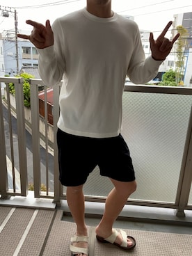 「UNIQLO（ユニクロ）のワッフルヘンリーネックT（長袖）（Tシャツ/カットソー、ホワイト系）」を使った、KATTOパイセンさん（メンズ・182cm）の春コーディネート