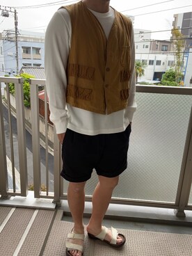 「50'sハンティングベストのアイテム（ベスト、ブラウン系）」を使った、KATTOパイセンさん（メンズ・182cm）の春コーディネート