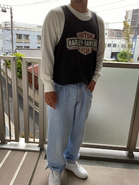 「Harley-Davidson（ハーレーダビッドソン）のディストレス・ロゴ・タンク（タンクトップ、ブラック系）」を使った、KATTOパイセンさん（メンズ・182cm）の春コーディネート
