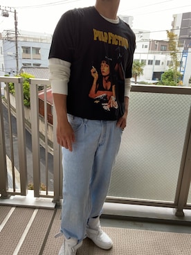 「PULP FICTIONのアイテム（Tシャツ/カットソー、ブラック系）」を使った、KATTOパイセンさん（メンズ・182cm）の春コーディネート