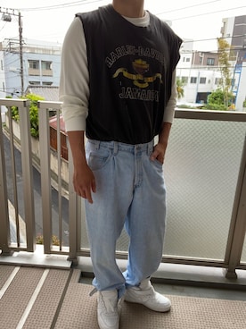 「Harley-Davidson（ハーレーダビッドソン）の【ヴィンテージ古着】Harley-Davidson/ハーレーダビッドソン プリント Ｔシャツ（Tシャツ/カットソー、ブラック系）」を使った、KATTOパイセンさん（メンズ・182cm）の春コーディネート