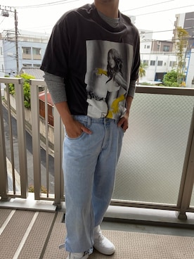 「HANES（ヘインズ）のアイテム（Tシャツ/カットソー、ブラック系）」を使った、KATTOパイセンさん（メンズ・182cm）の春コーディネート