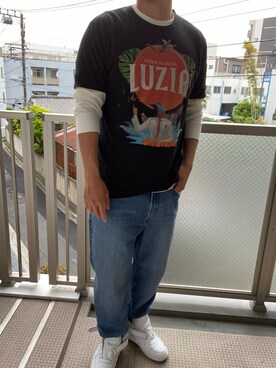 「UNIQLO（ユニクロ）のアイテム（Tシャツ/カットソー、ブラック系）」を使った、KATTOパイセンさん（メンズ・182cm）の春コーディネート