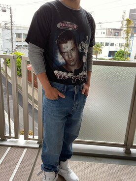「Ricky martinのアイテム（Tシャツ/カットソー、ブラック系）」を使った、KATTOパイセンさん（メンズ・182cm）の春コーディネート