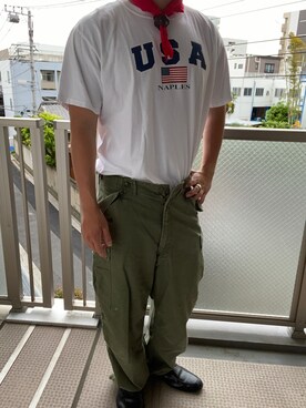 「MADE IN USA（メイドインユーエスエー）のアイテム（Tシャツ/カットソー、ホワイト系）」を使った、KATTOパイセンさん（メンズ・182cm）の春コーディネート