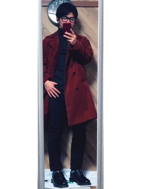 「アイテム（トレンチコート、レッド系）」を使った、おーしろさん（メンズ・169cm）の冬コーディネート