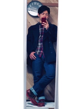 「リーバイス501」｜「アイテム（ピーコート）」を使った、おーしろさん（メンズ・169cm）の冬コーディネート