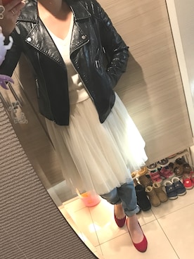 「オーガンジー」｜「アイテム（ライダースジャケット）」を使った、smiiyᵕ̈さん（レディース・155cm）の冬コーディネート