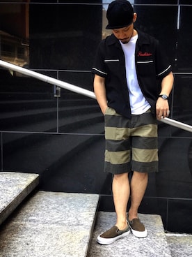 「schott（ショット）のSchott/ショット/ARMY FATIGUE BORDER SHORTS/アーミー ファティーグ ボーダー ショーツ（その他パンツ）」を使った、matsuokaさん（メンズ・170cm）の春コーディネート