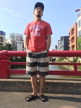 「schott（ショット）のSchott/ショット/ARMY FATIGUE BORDER SHORTS/アーミー ファティーグ ボーダー ショーツ（その他パンツ）」を使った、matsuokaさん（メンズ・170cm）の夏コーディネート
