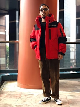 「アイテム（ダウンジャケット/コート、レッド系）」を使った、matsuokaさん（メンズ・170cm）の秋コーディネート