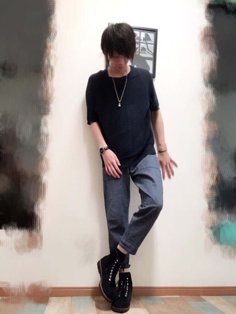 「JOURNAL STANDARDのアイテム（ニット/セーター、ブルー系）」を使った、だいすけぴょんさん（メンズ・178cm）の夏コーディネートの1枚目の写真