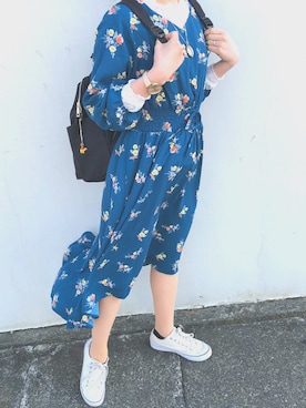 「Honeys（ハニーズ）のアイテム（ワンピース、ブルー系）」を使った、ちびシロさん（152cm）の春コーディネート