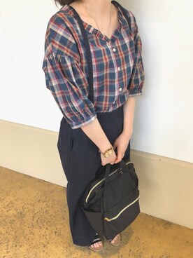 「RETRO GIRL（レトロガール）のアイテム（シャツ/ブラウス、グリーン系）」を使った、ちびシロさん（152cm）の夏コーディネート