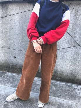 「WEGO（ウィゴー）のWEGO/コーデュロイストレートワイドパンツ（その他パンツ、ブラウン系）」を使った、ちびシロさん（152cm）の秋コーディネート