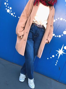 「Honeys（ハニーズ）のアイテム（デニムパンツ、ブルー系）」を使った、ちびシロさん（152cm）の秋コーディネート