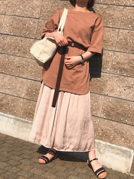 「GU（ジーユー）のアイテム（チュニック、ブラウン系）」を使った、ちびシロさん（152cm）の春コーディネート