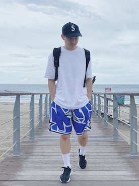 「Mitchell&Ness（ミッチェル&ネス）のアイテム（パンツ）」を使った、森さん（メンズ・173cm）の夏コーディネート