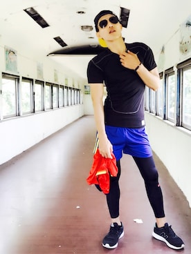 「SQUAD（スクアッド）のアイテム（帽子）」を使った、Evan Luoさん（メンズ・177cm）の夏コーディネート