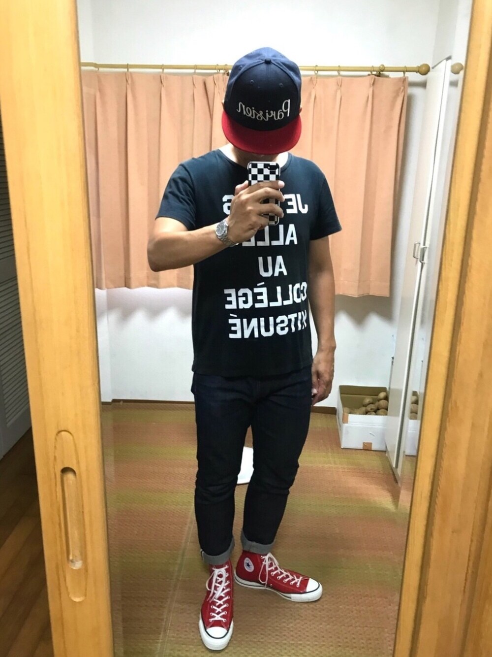「シンプルコーデ、キャップ、メゾン キツネ(MAISON KITSUNE)、コンバース、Tシャツ×デニム」｜「Maison Kitsuneのアイテム（キャップ、ブルー系）」を使った、おたっし🐷さん（メンズ・174cm）の夏コーディネートの1枚目の写真